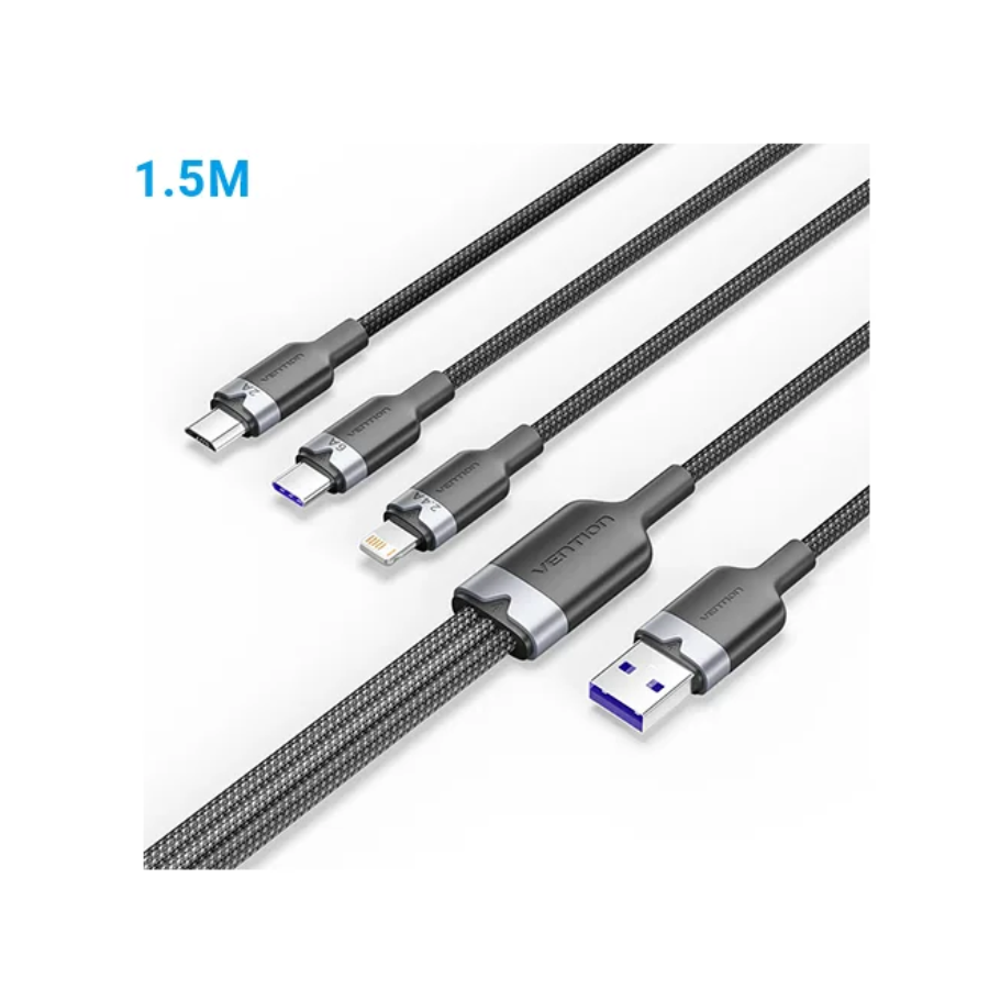 VENTION CTRBG Cotton Braided 3-in-1 USB 2.0 6A Cable - 1.5M (VENTION USB 2.0 A Male to 3-in-1 USB-C & Lightning & Micro-B Male Cable)